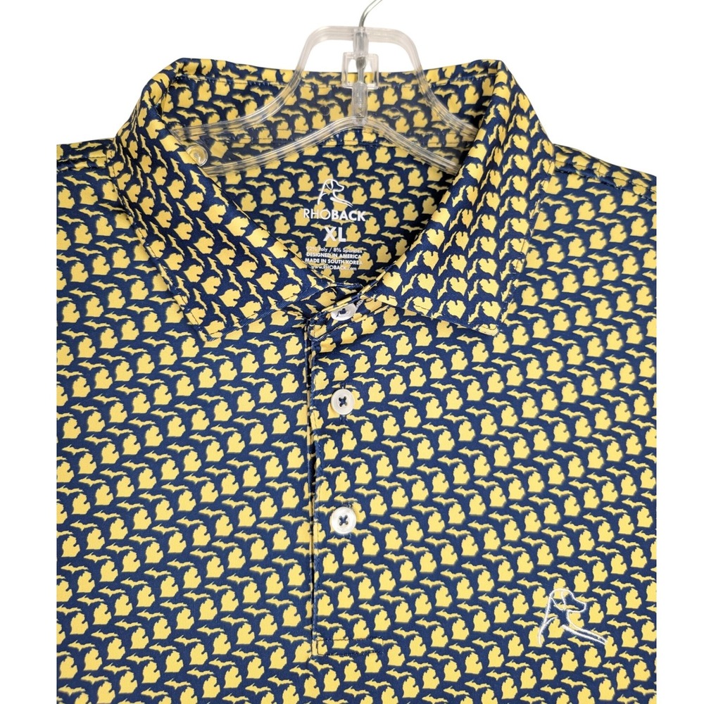 Rhoback "The Mitten" Polo Shirt Mens XL Navy Yellow Michigan Performance Golf